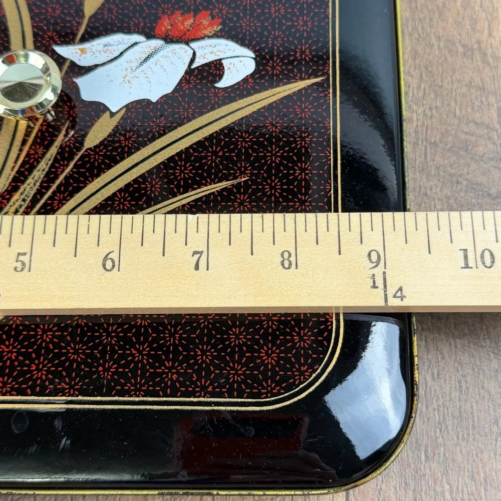 Vintage Japanese Black Lacquer Bento Box Gold Iris Floral‎ Divided Tray Lid